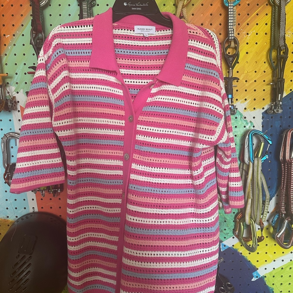 Pink Striped Crochet Polo Cardigan